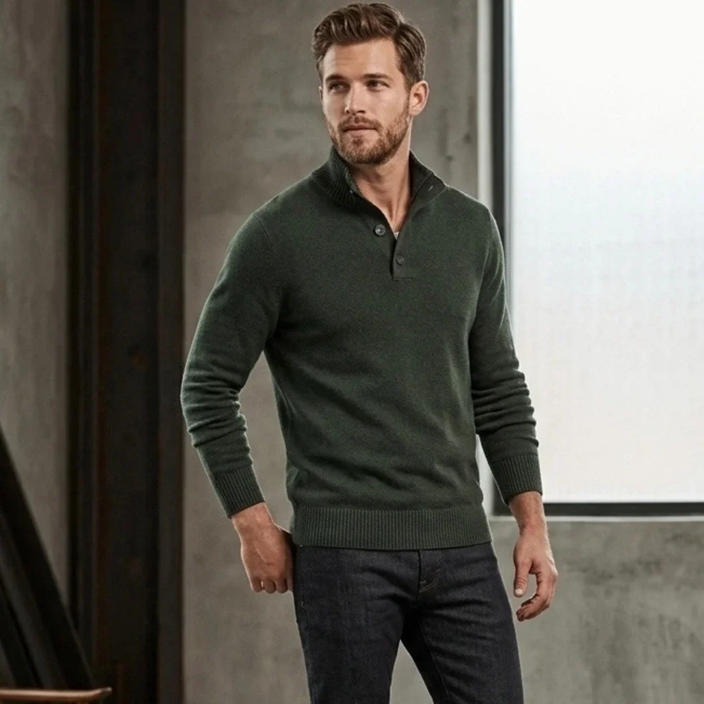 Banana Republic Mens Forest Green Cotton‎ Wool Blend Mock Neck Button Sweater L